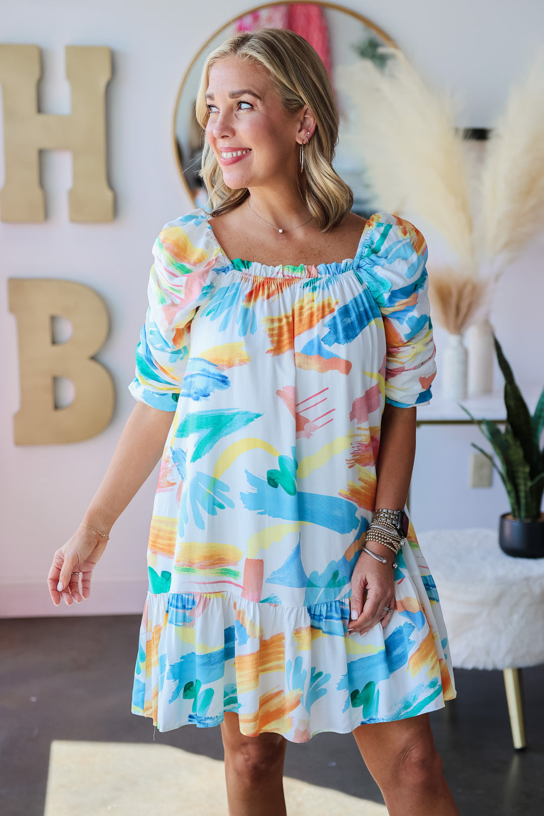 Watercolor Printed Dress - Blue