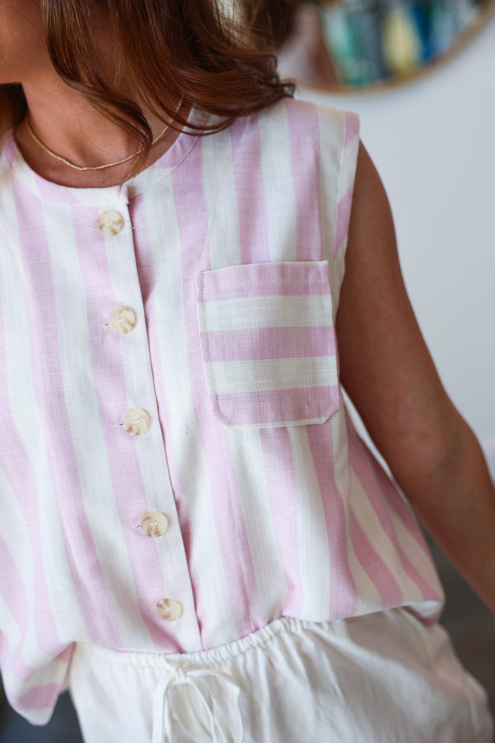 Striped Button Front Top - Pink
