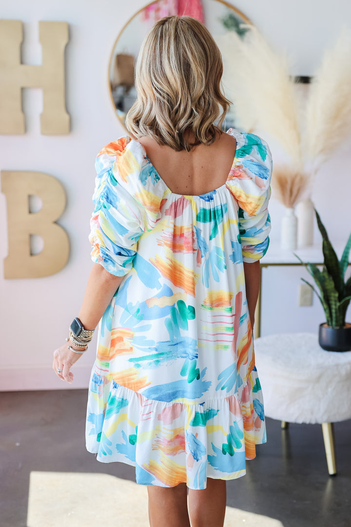 Watercolor Printed Dress - Blue