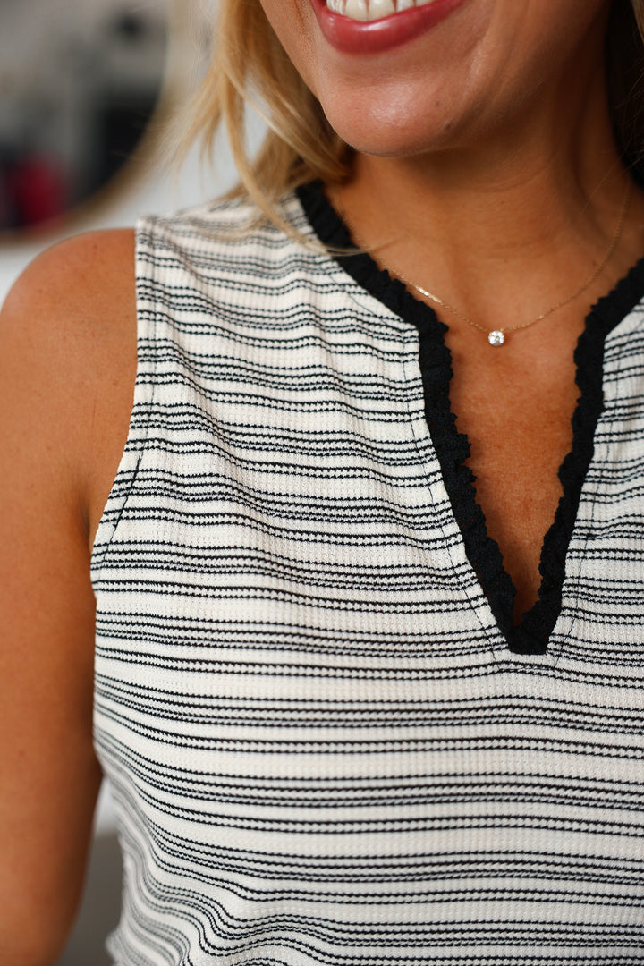 Lace Trim Striped Top - Black