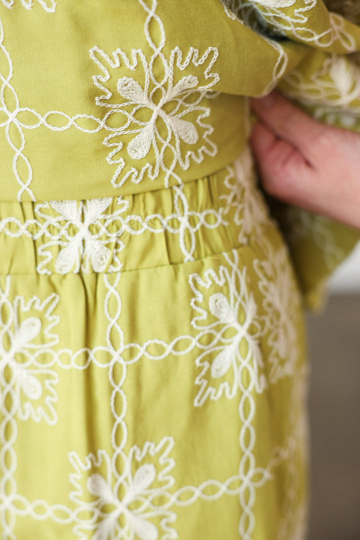 Embroidered Pattern Shorts - Avocado
