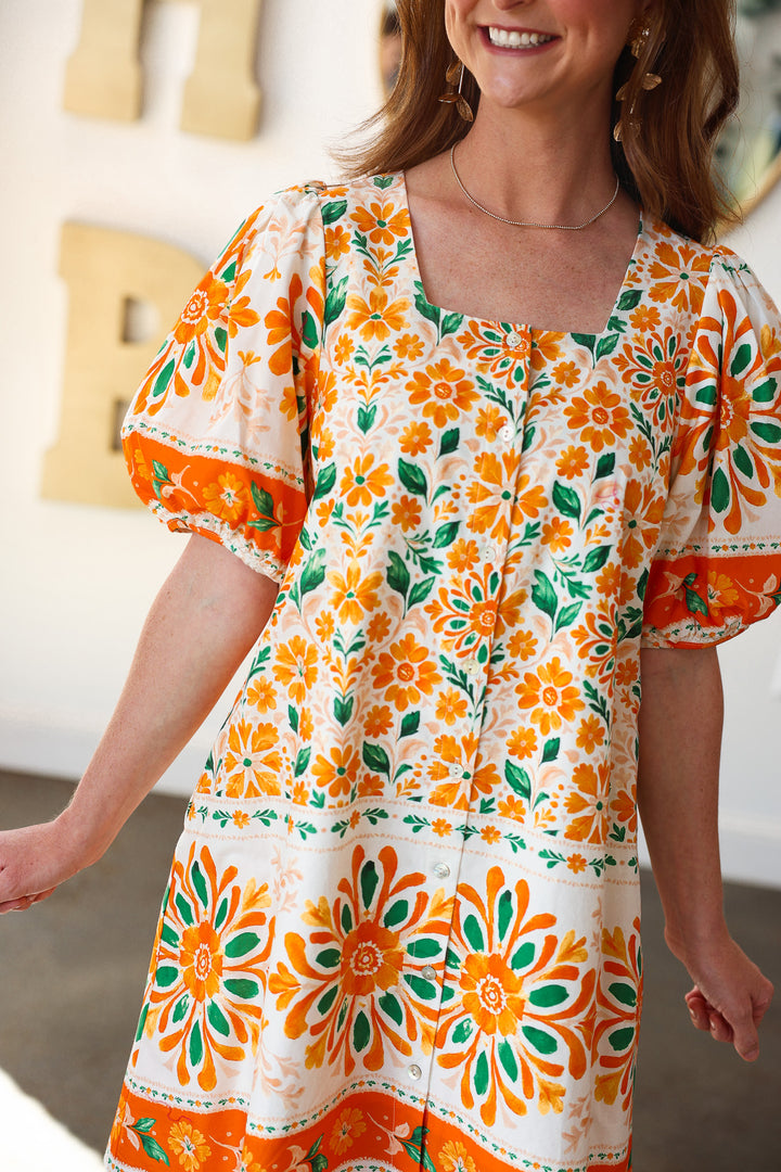Floral Scoop Neck Dress - Orange Cream