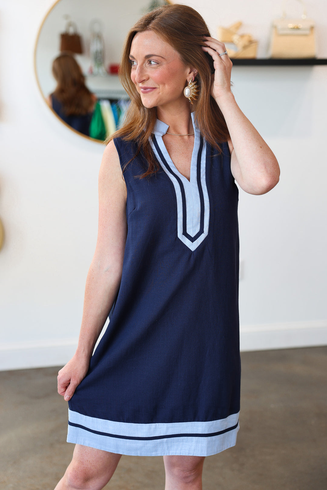 Contrast Trim Shift Dress - Navy