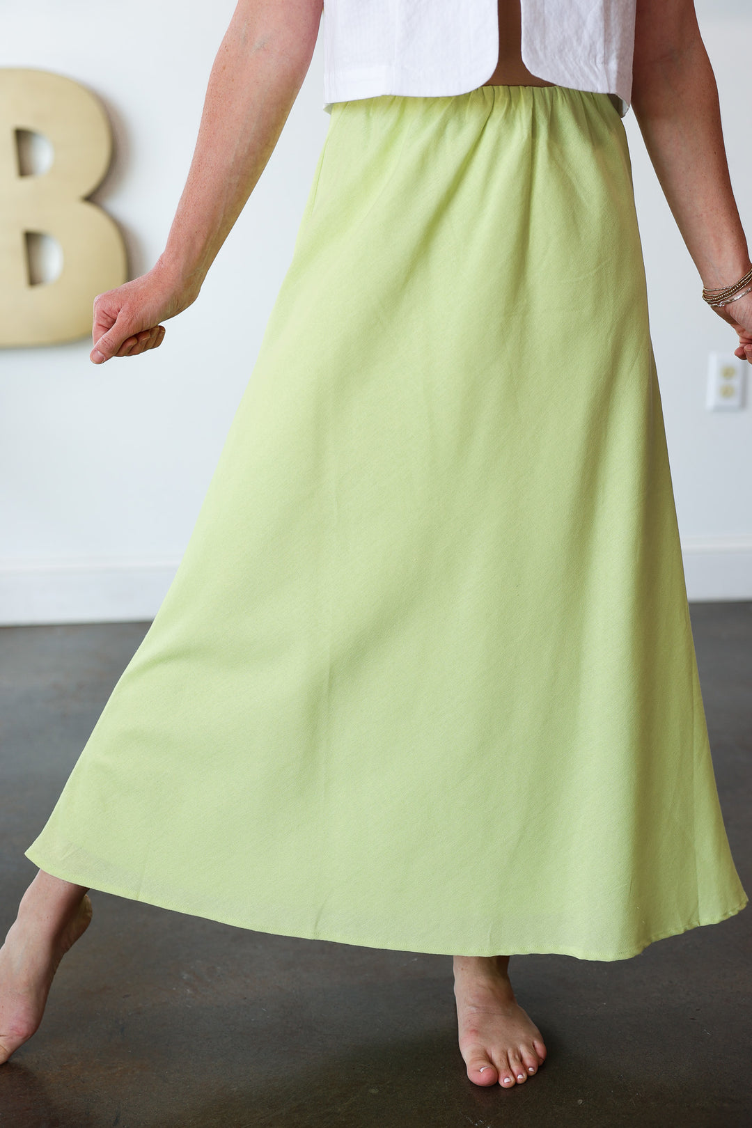 Elastic Waist Midi Skirt - Matcha