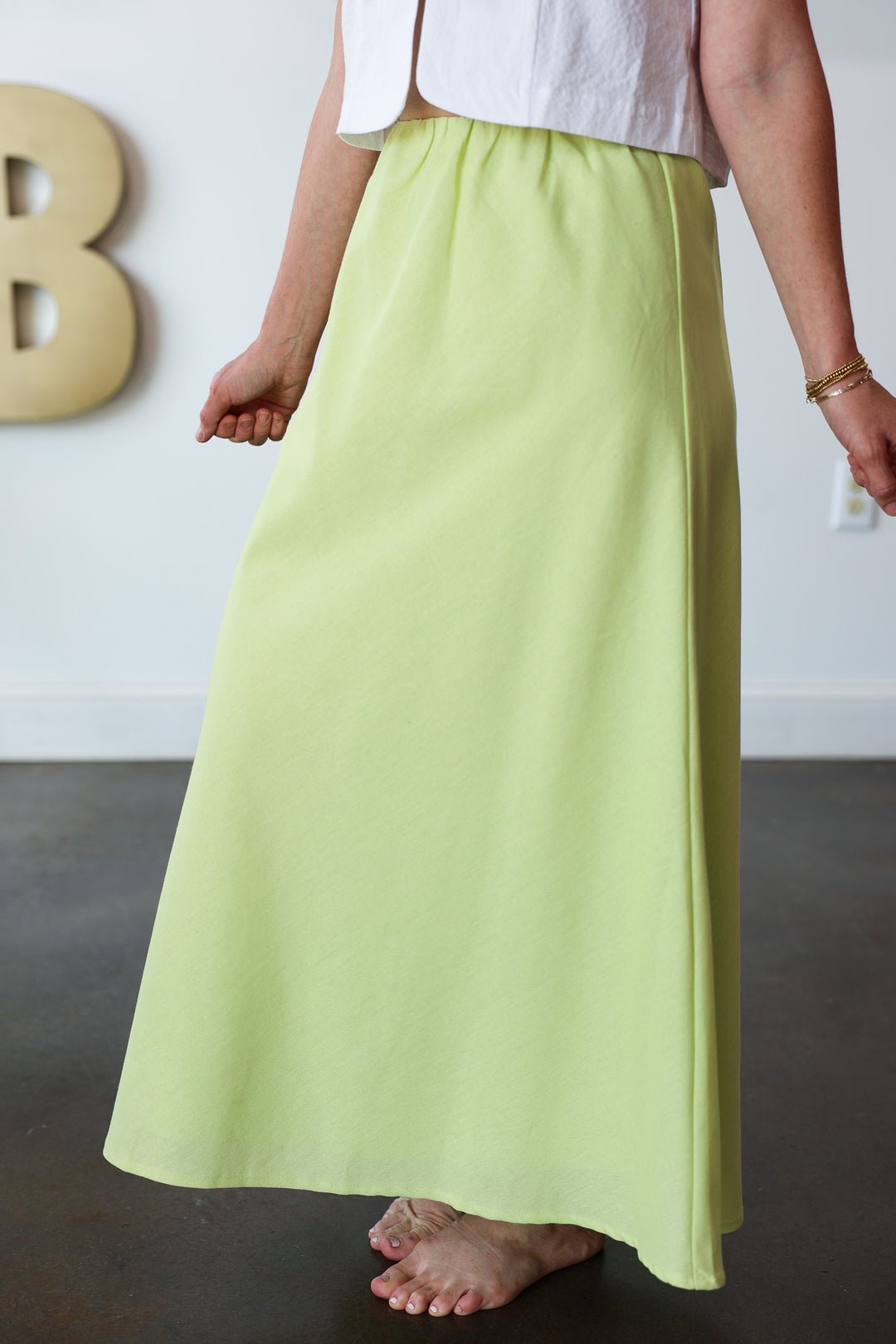 Elastic Waist Midi Skirt - Matcha