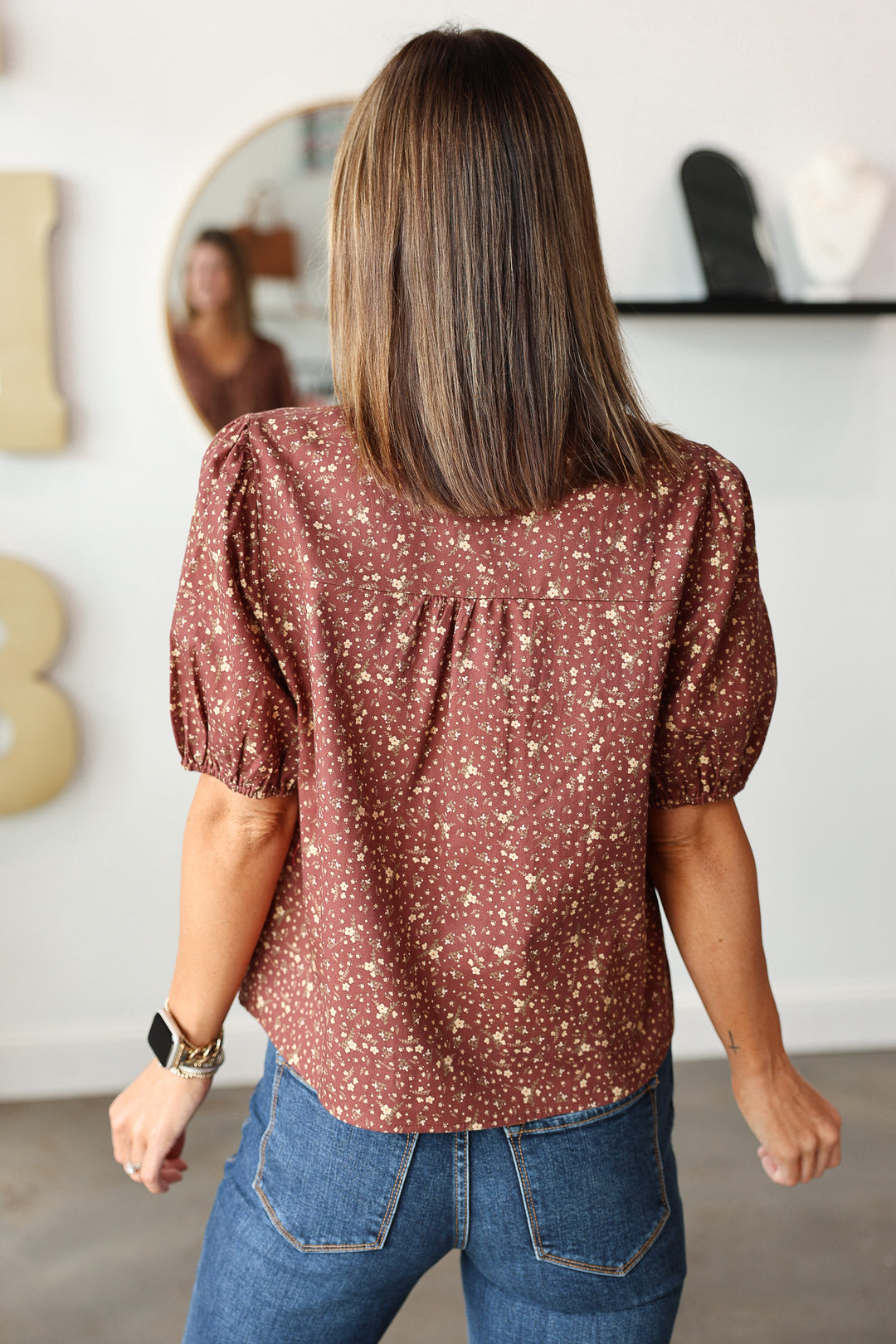 Bow Front Floral Blouse - Brown