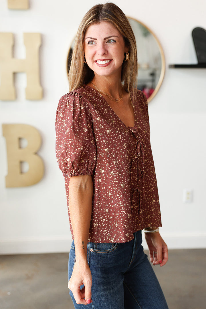 Bow Front Floral Blouse - Brown