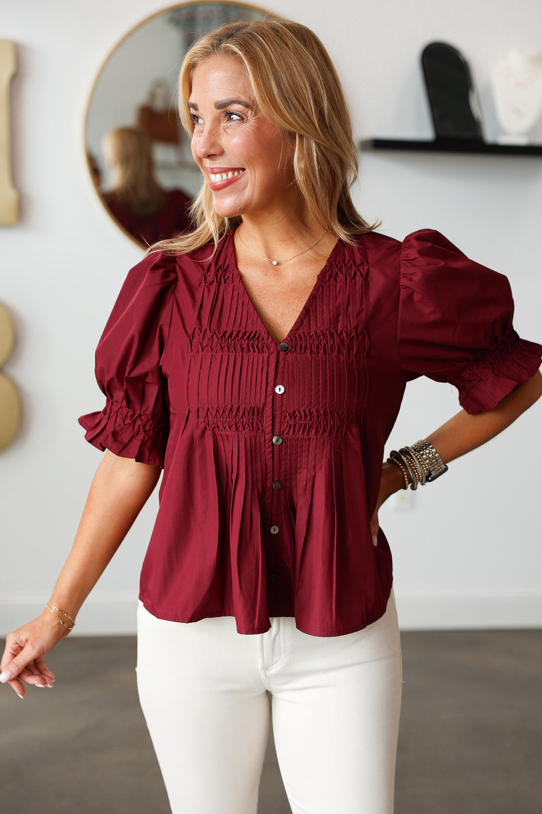 Button Front Pleated Top - Burgundy
