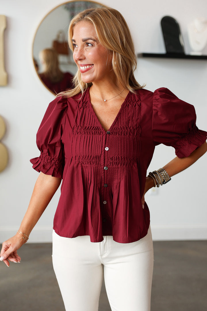 Button Front Pleated Top - Burgundy