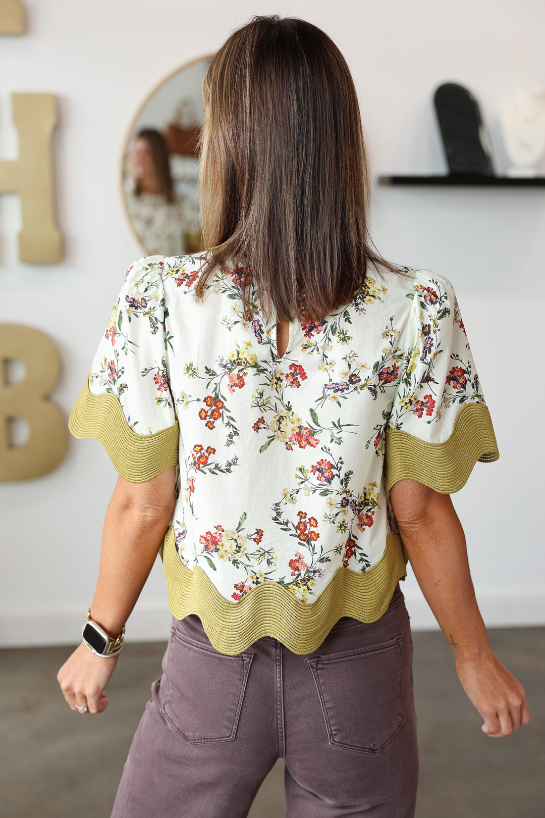 Wave Trim Floral Blouse - Chartreuse