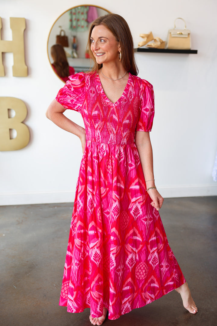 Smocked Body Abstract Dress - Pink