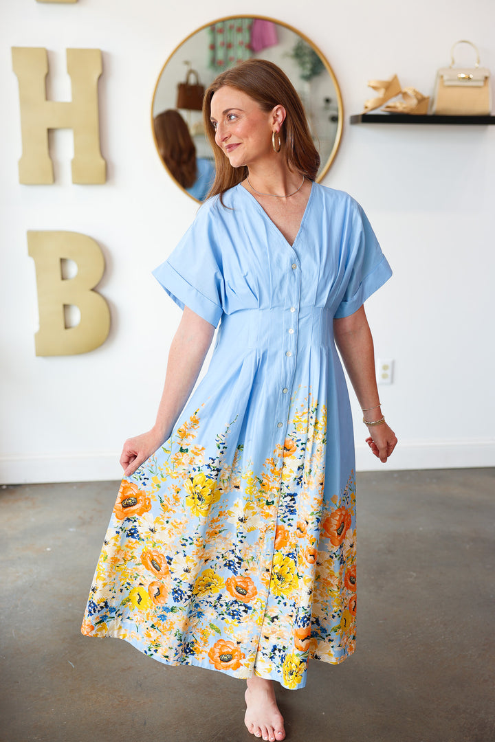 Floral Trim Button Front Dress - Blue