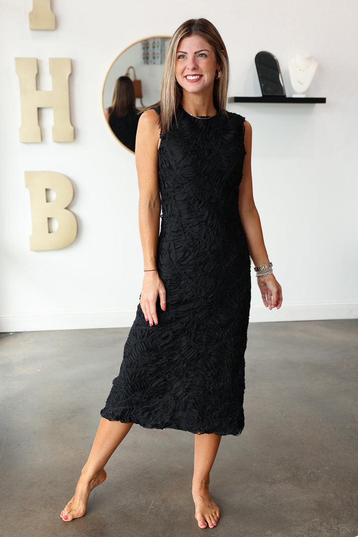 Textured Overlay Midi Dress - Black