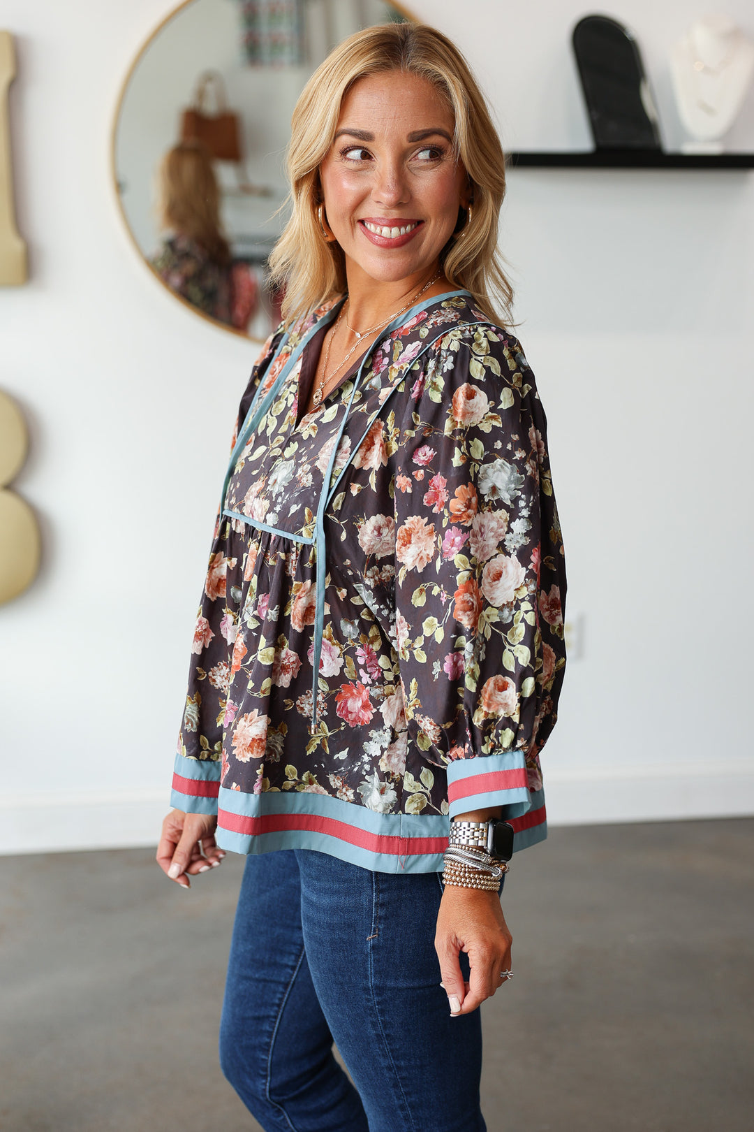 Contrast Trim Floral Top - Chocolate