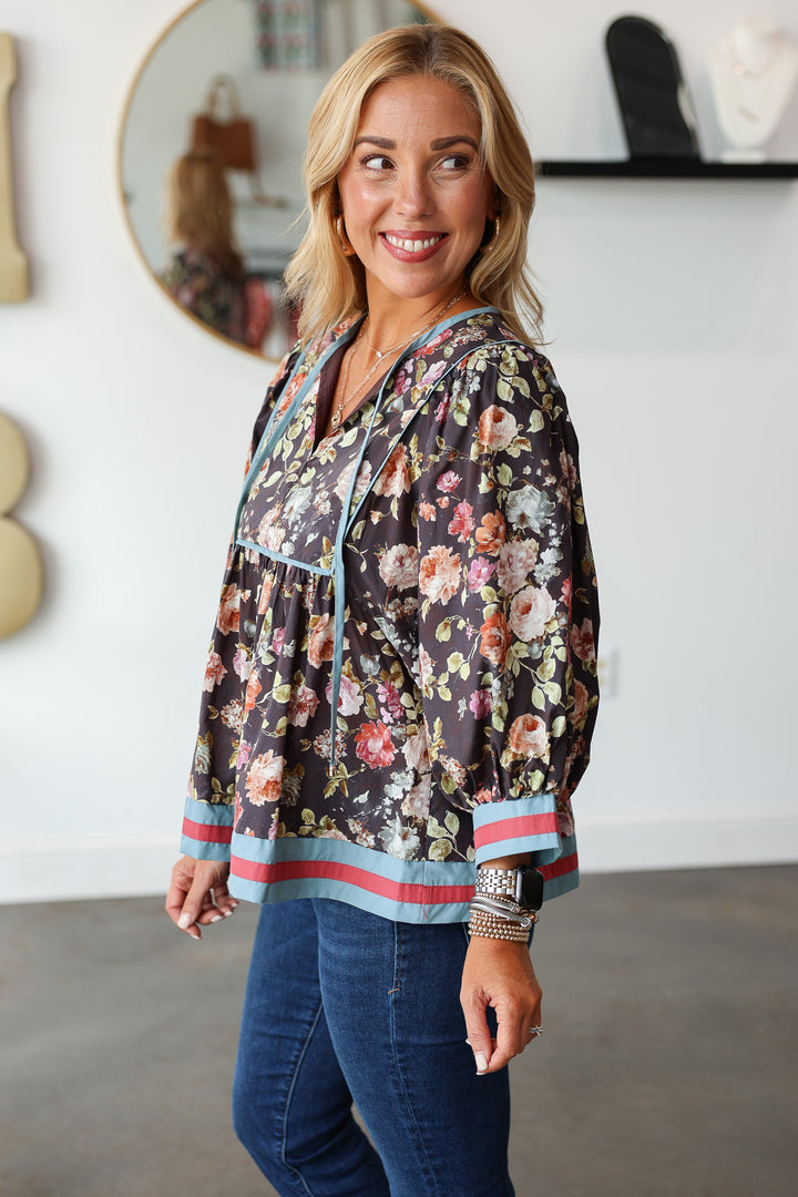 Contrast Trim Floral Top - Chocolate
