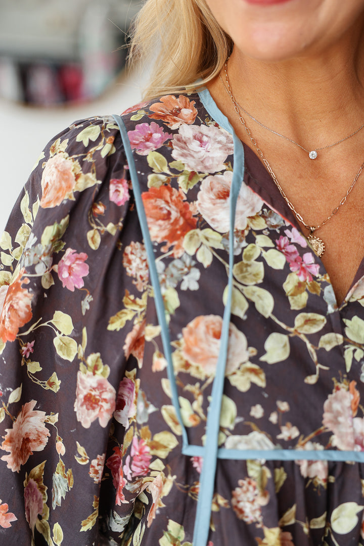 Contrast Trim Floral Top - Chocolate