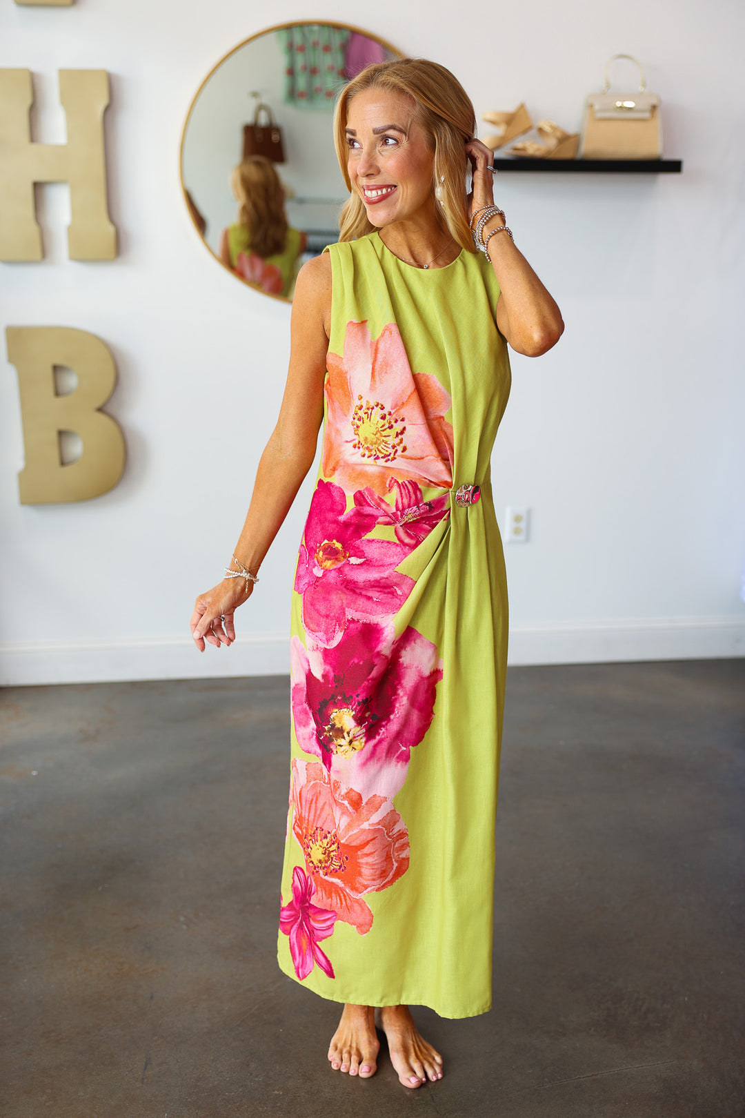 Side Cinch Floral Dress - Chartreuse