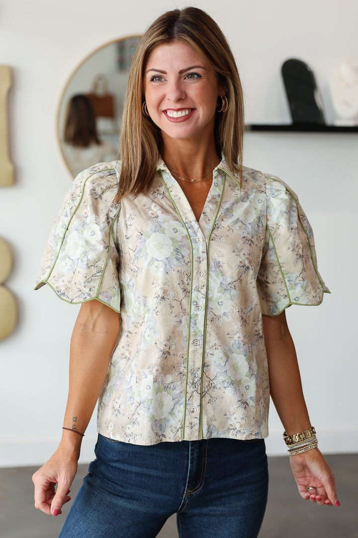 Green Piping Floral Top - Ecru