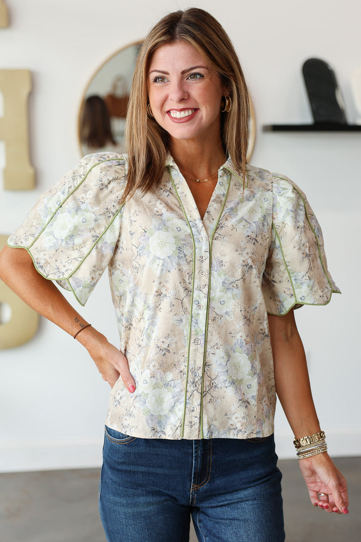 Green Piping Floral Top - Ecru