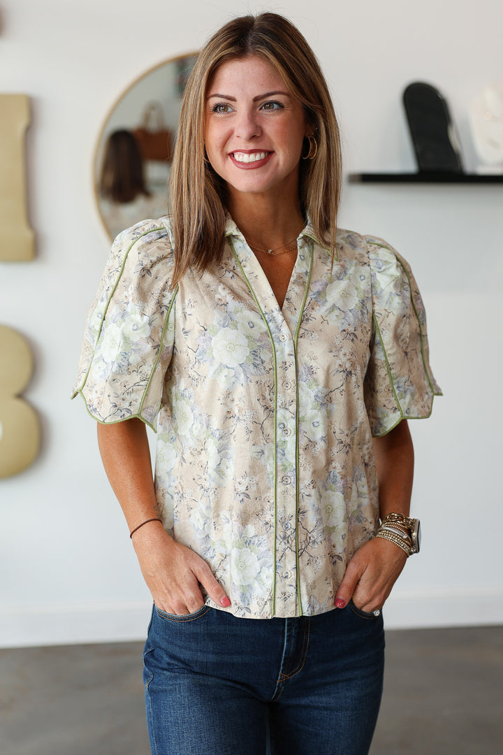 Green Piping Floral Top - Ecru