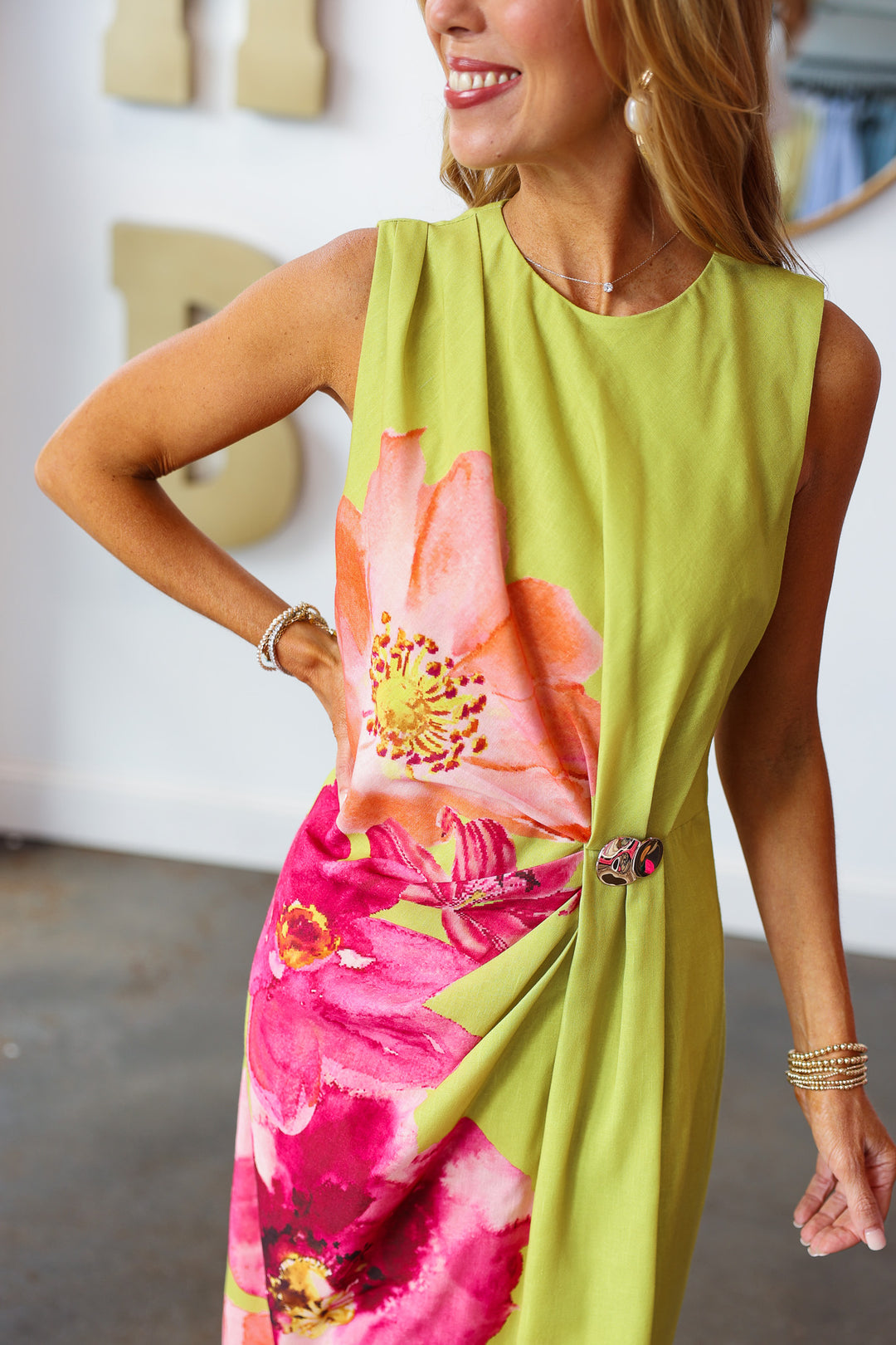 Side Cinch Floral Dress - Chartreuse