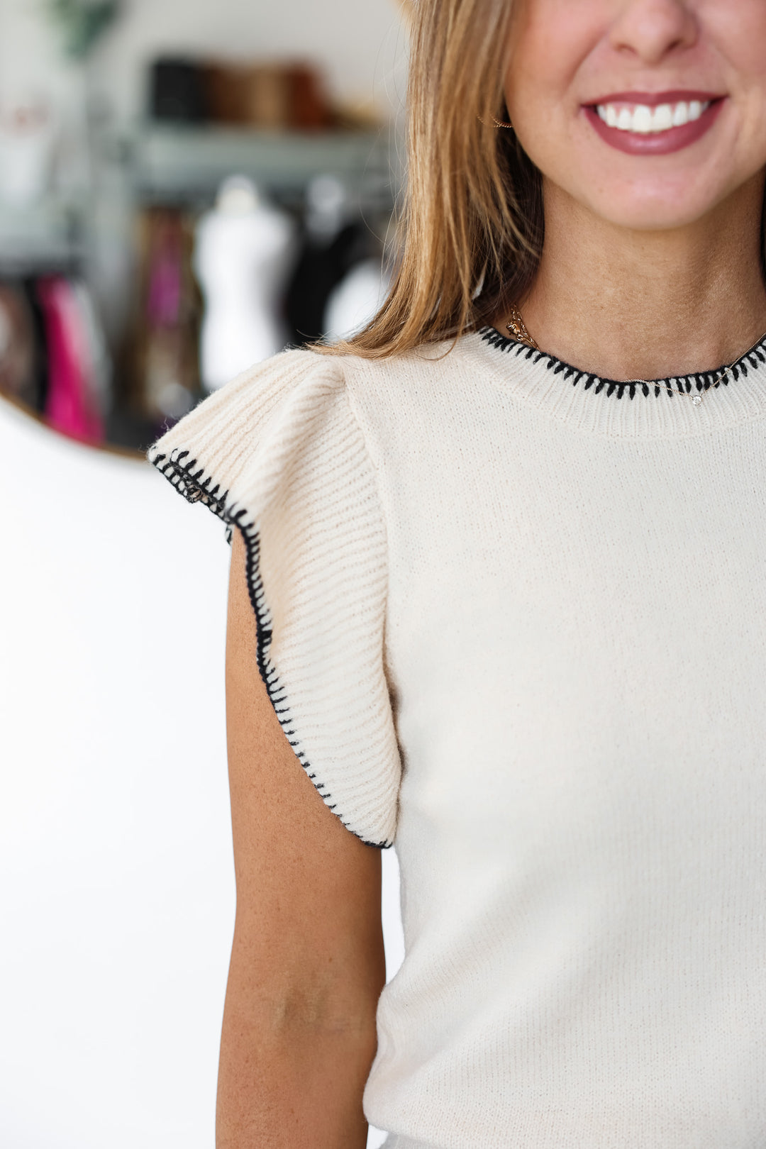 Stitch Trim Sweater Top - Cream