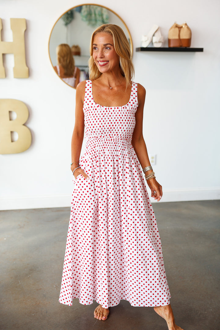 Polka Dot Smocked Dress - Red