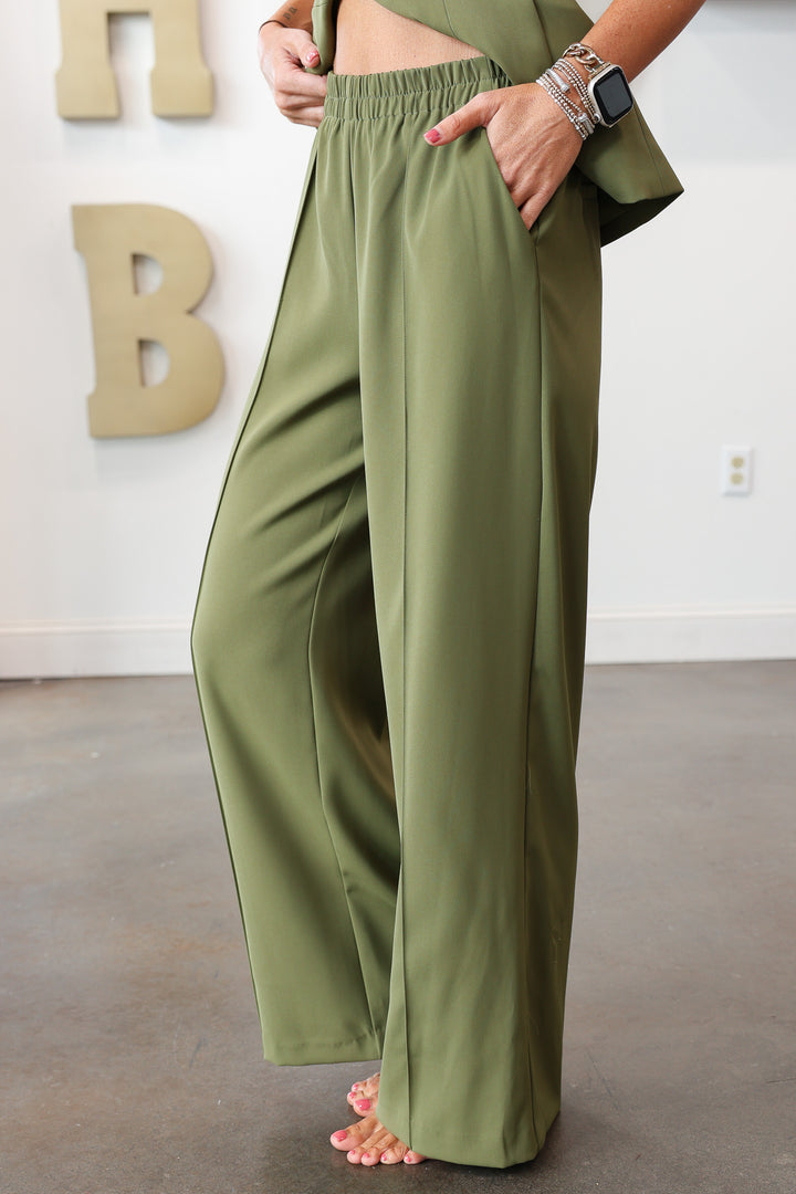 Elastic Waist Dress Pants - Olive