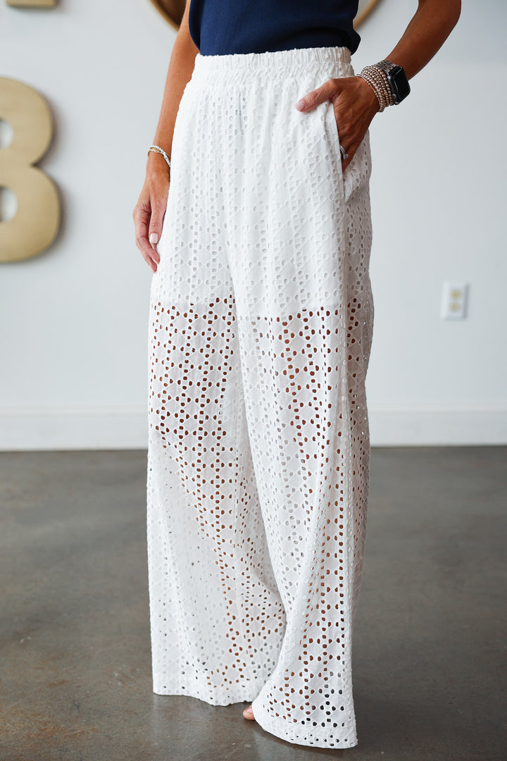 Embroidered Eyelet Pants - White