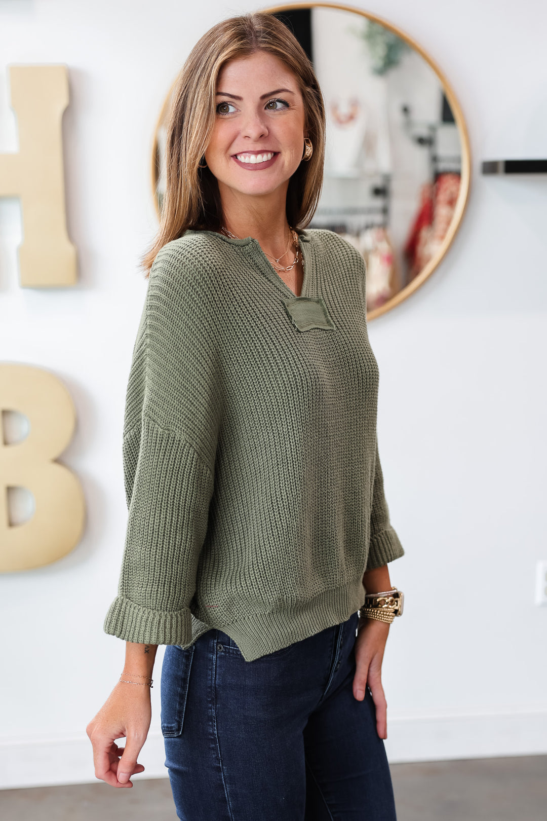 Split V Pullover Sweater - Olive