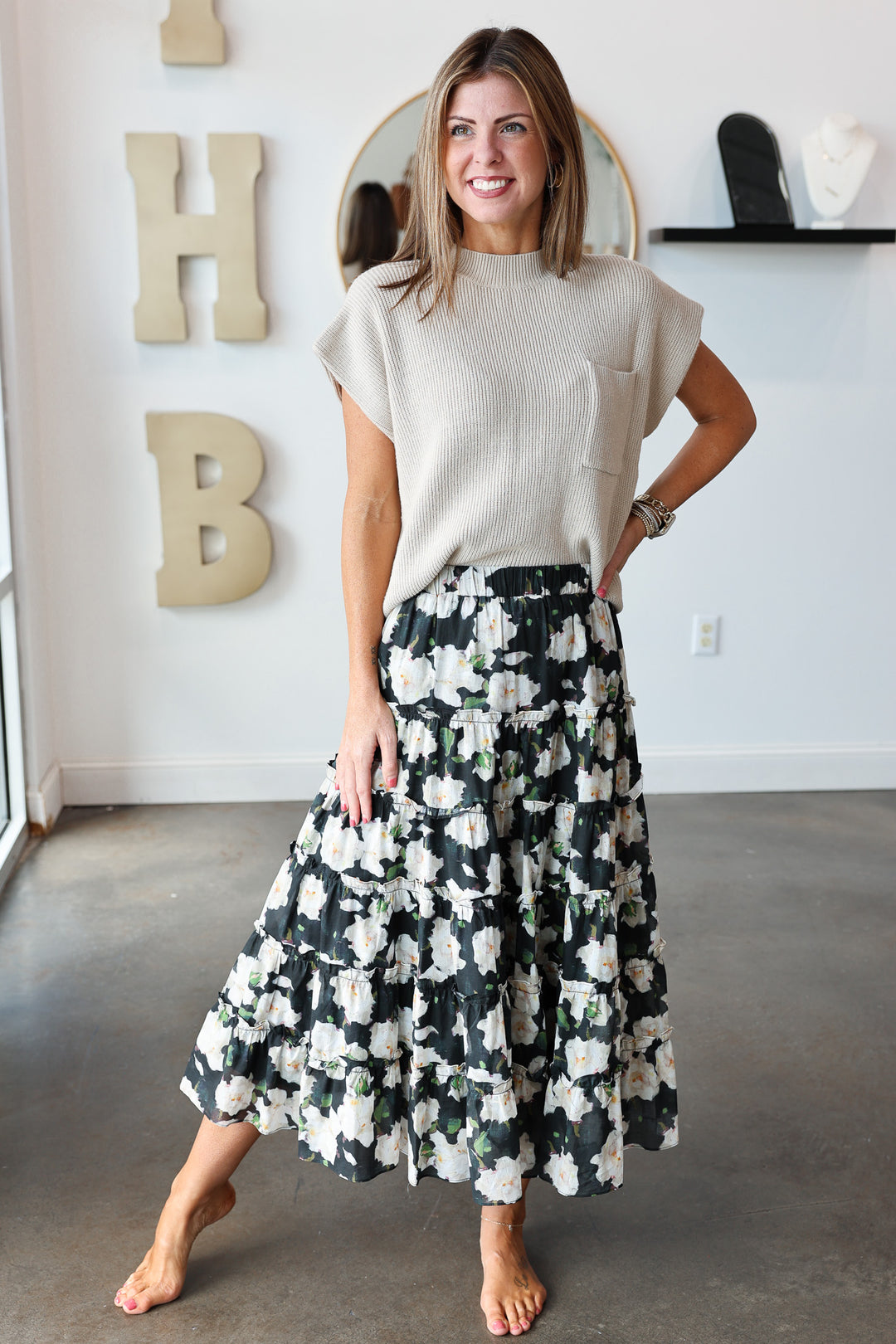 Floral Midi Skirt - Black