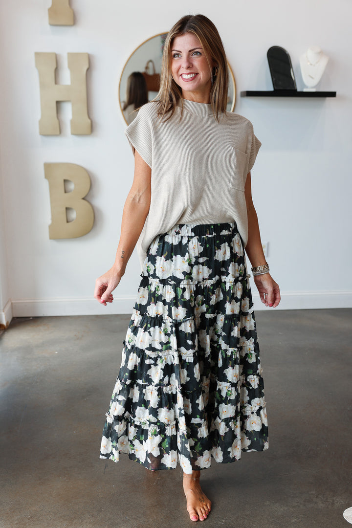 Floral Midi Skirt - Black