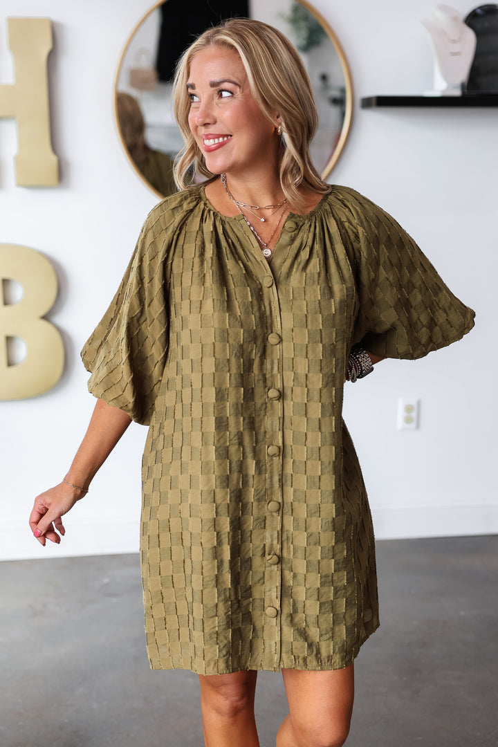 Puff Sleeve Textured Dress - Olive