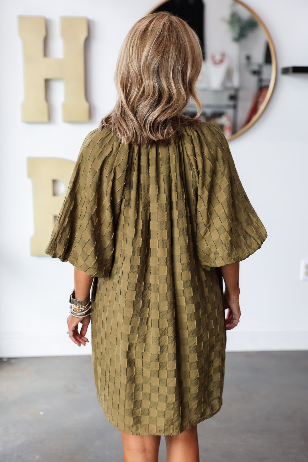 Puff Sleeve Textured Dress - Olive