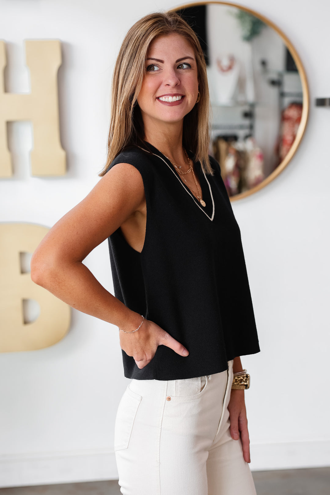 White Trim Knit Tank - Black