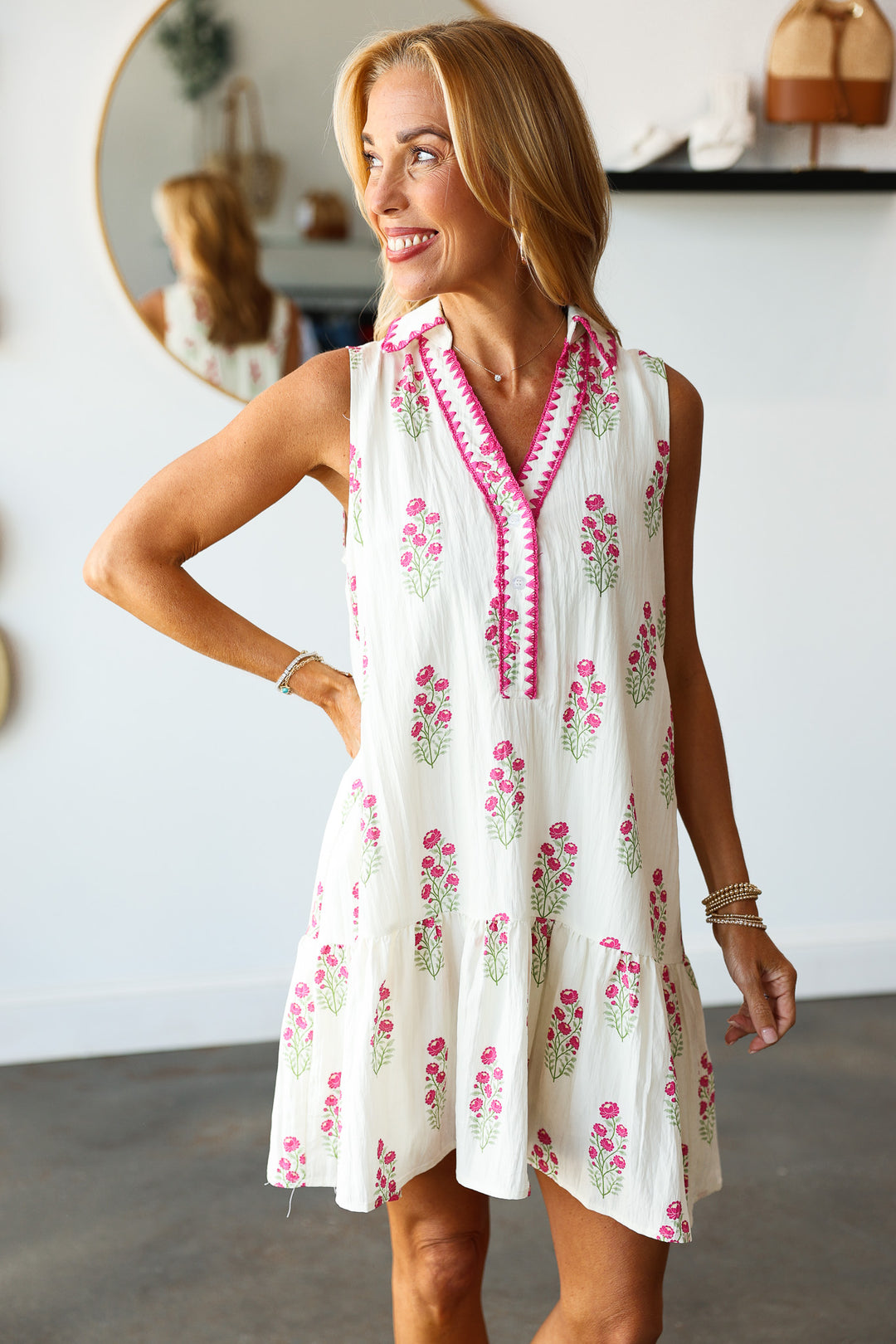 Embroidered Trim Floral Dress - Pink