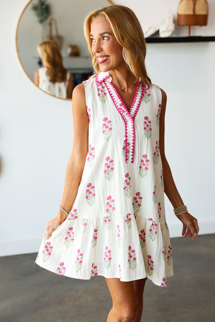 Embroidered Trim Floral Dress - Pink