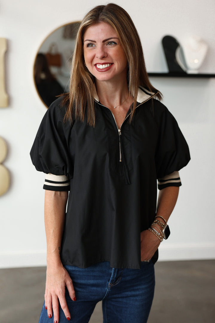 Quarter Zip Stripe Collar Top - Black