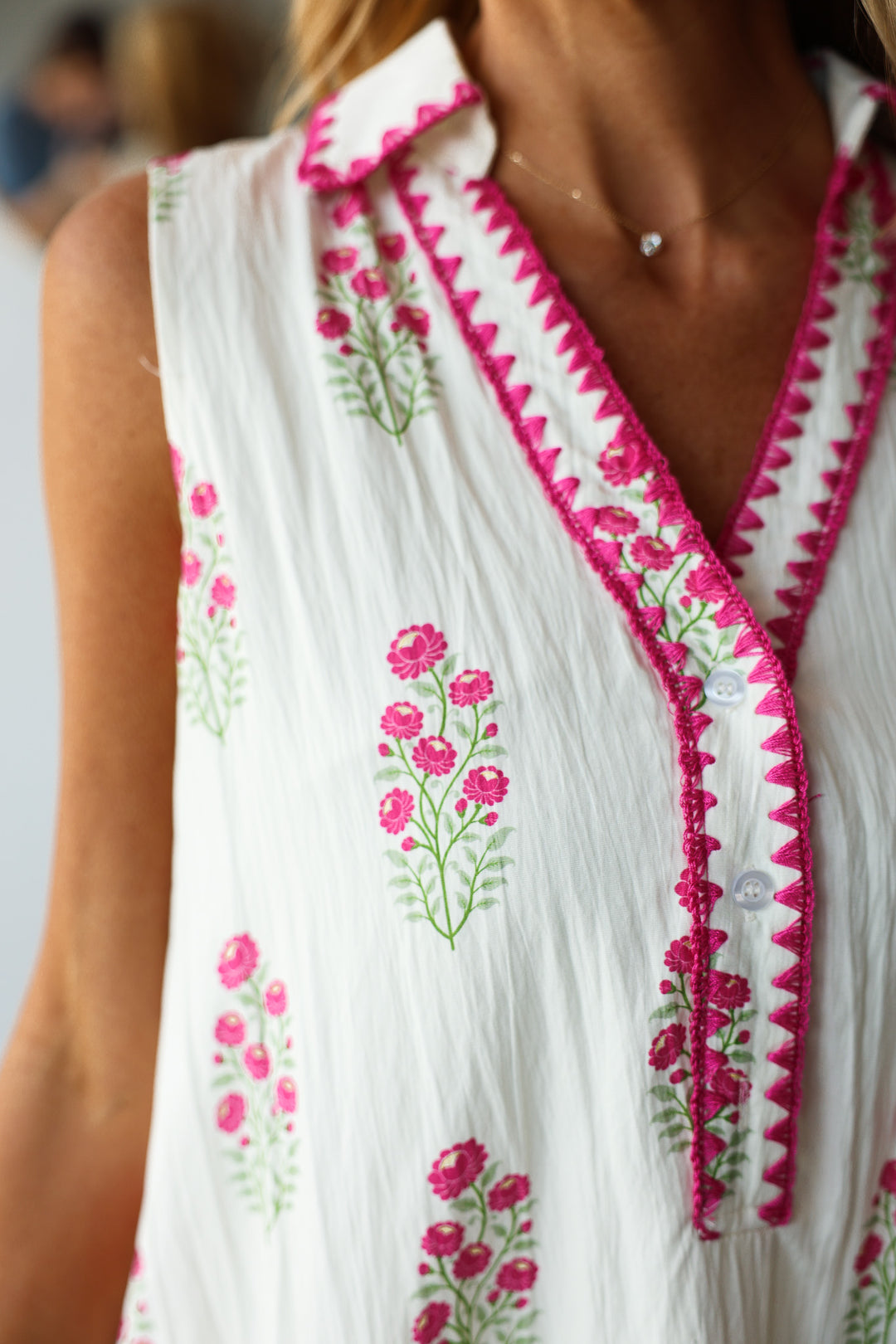Embroidered Trim Floral Dress - Pink