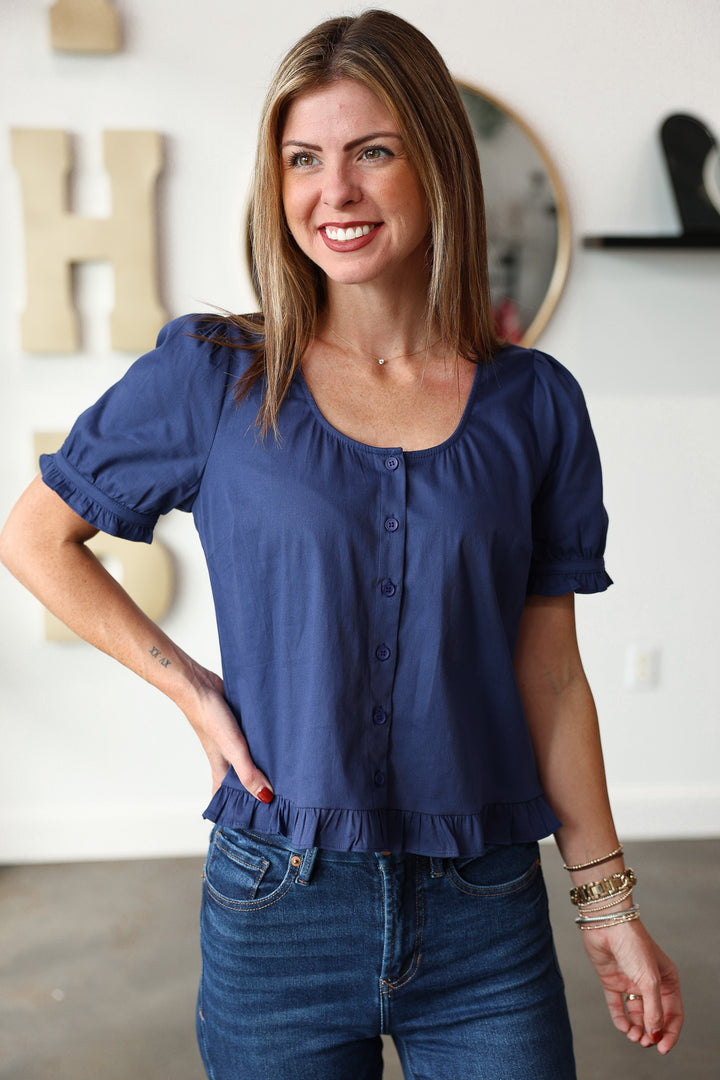 Short Sleeve Scoop Neck Top - Blue