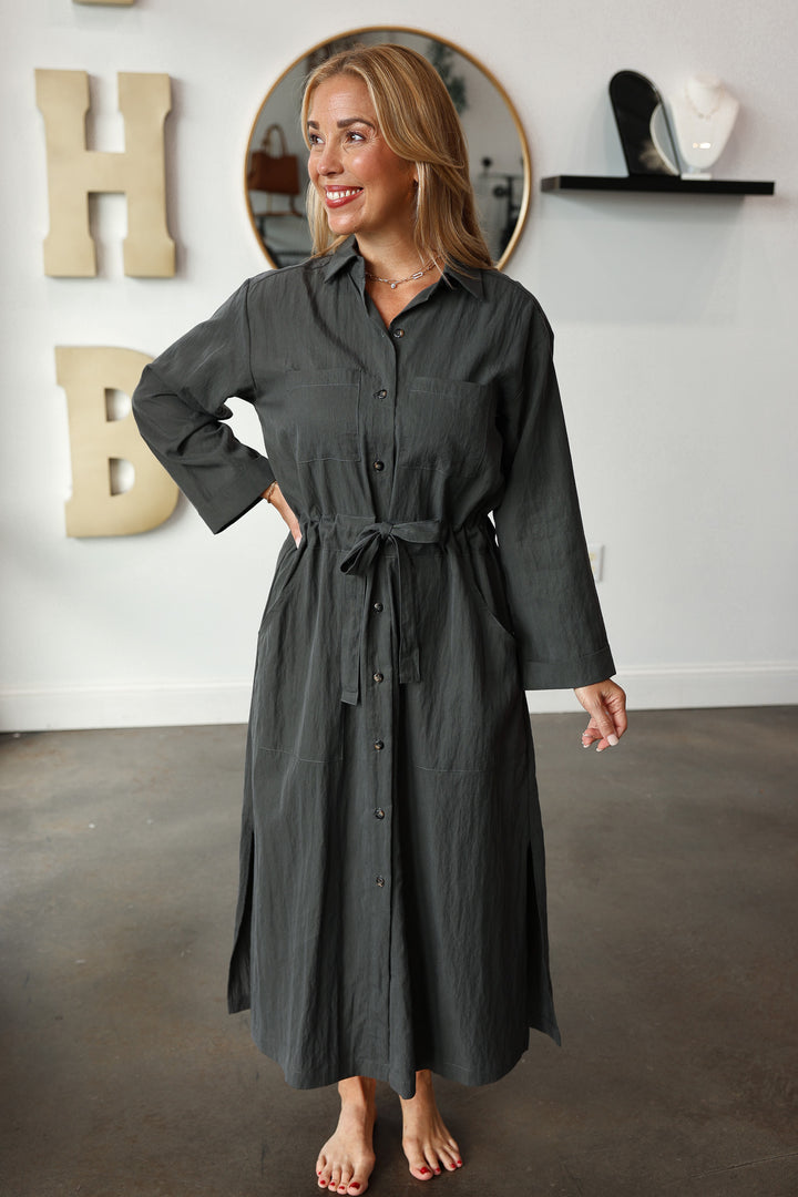 Cinch Waist Shirt Dress - Charcoal