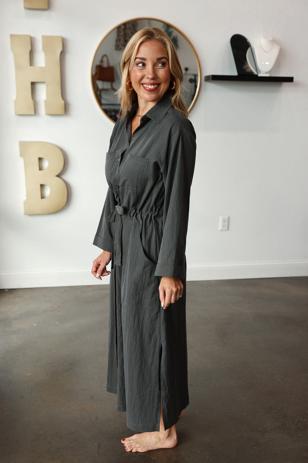 Cinch Waist Shirt Dress - Charcoal