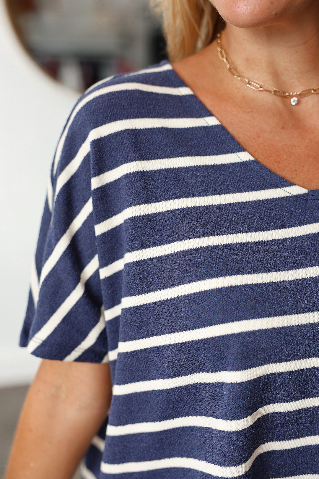 Striped V Neck Top - Navy