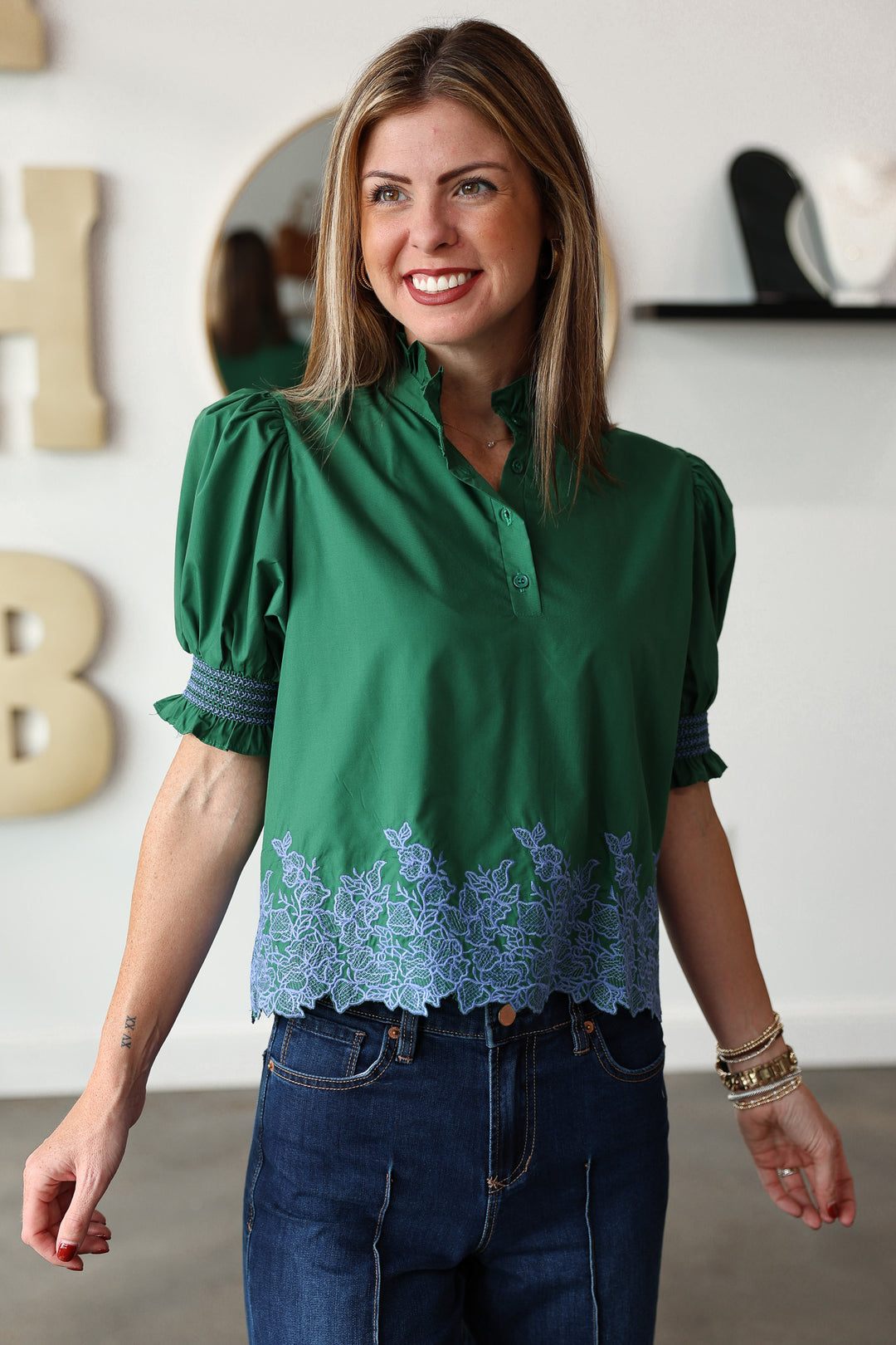 Embroidered Trim Top - Green
