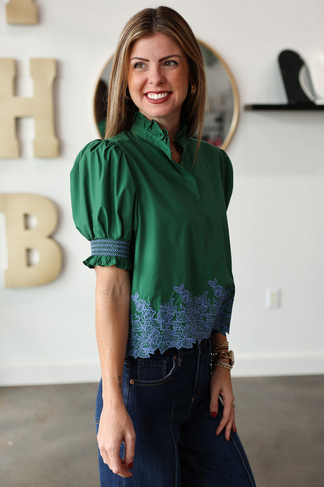 Embroidered Trim Top - Green