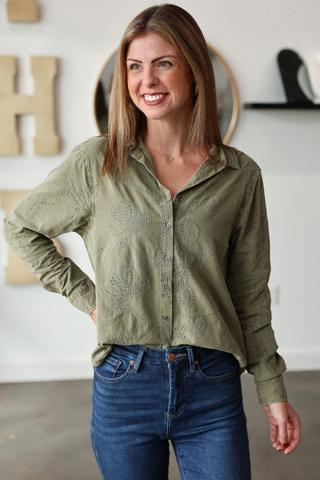 Embroidered Button Down Top - Olive