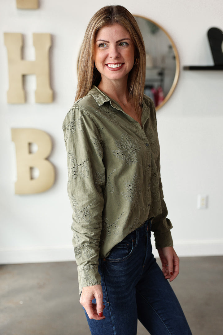 Embroidered Button Down Top - Olive