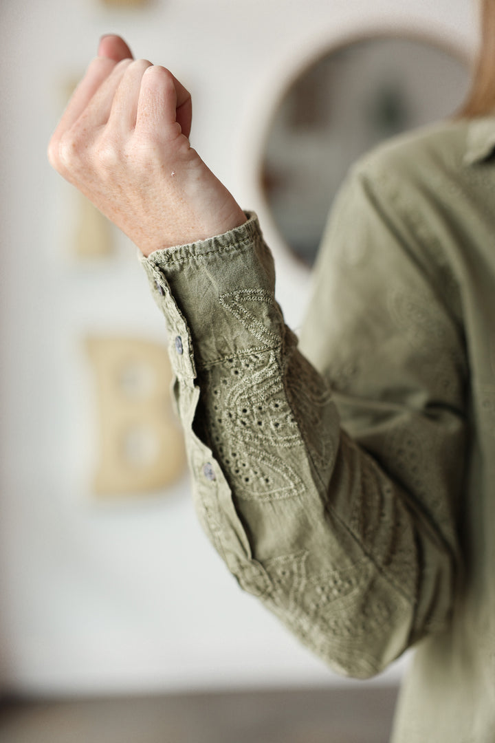 Embroidered Button Down Top - Olive