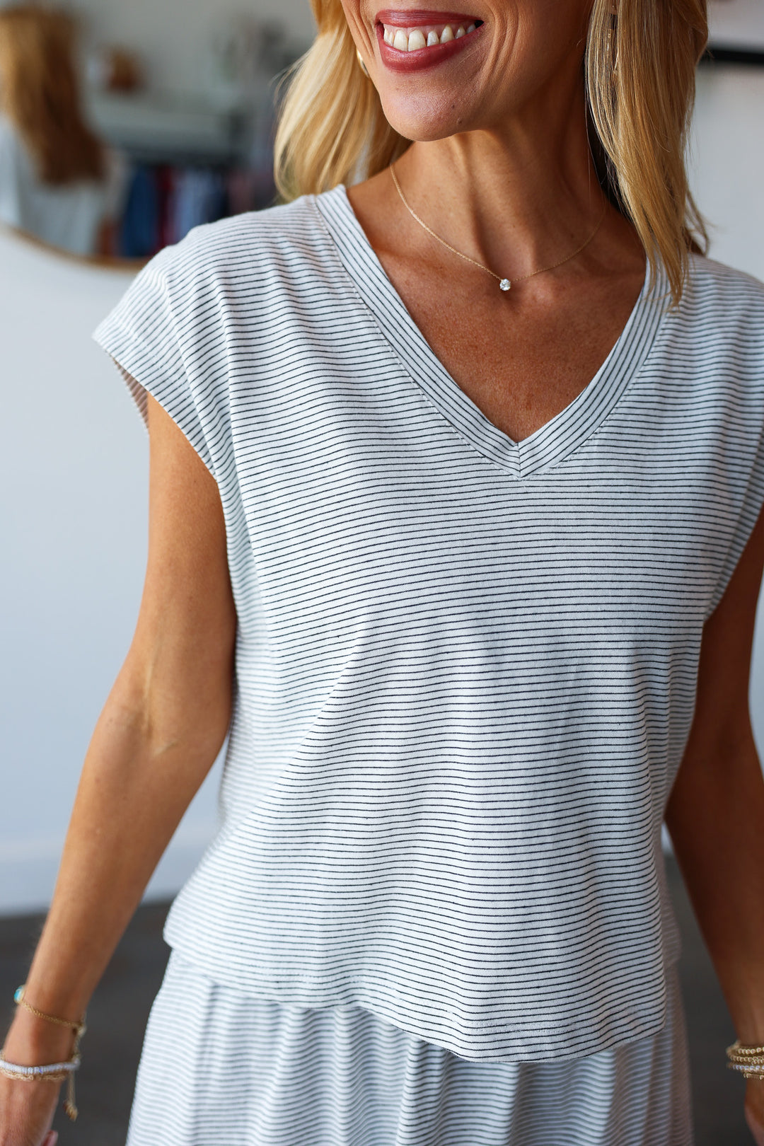 Striped Top + Skirt Set - Off White/Black