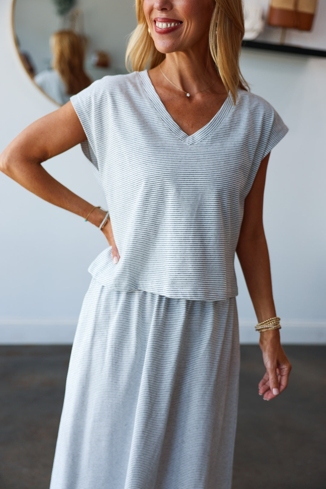 Striped Top + Skirt Set - Off White/Black